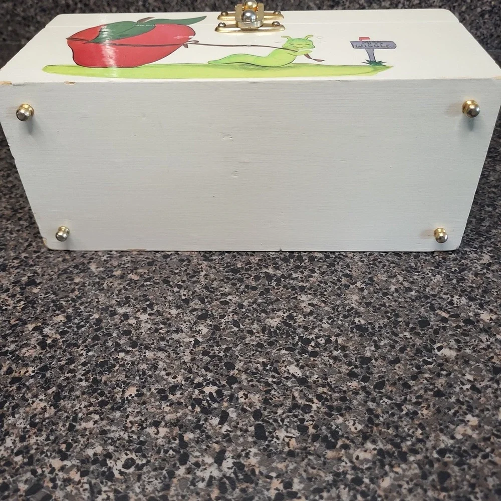 VINTAGE Hand Painted Wooden Purse Box Whimsical Caterpillar Apple Folk Art